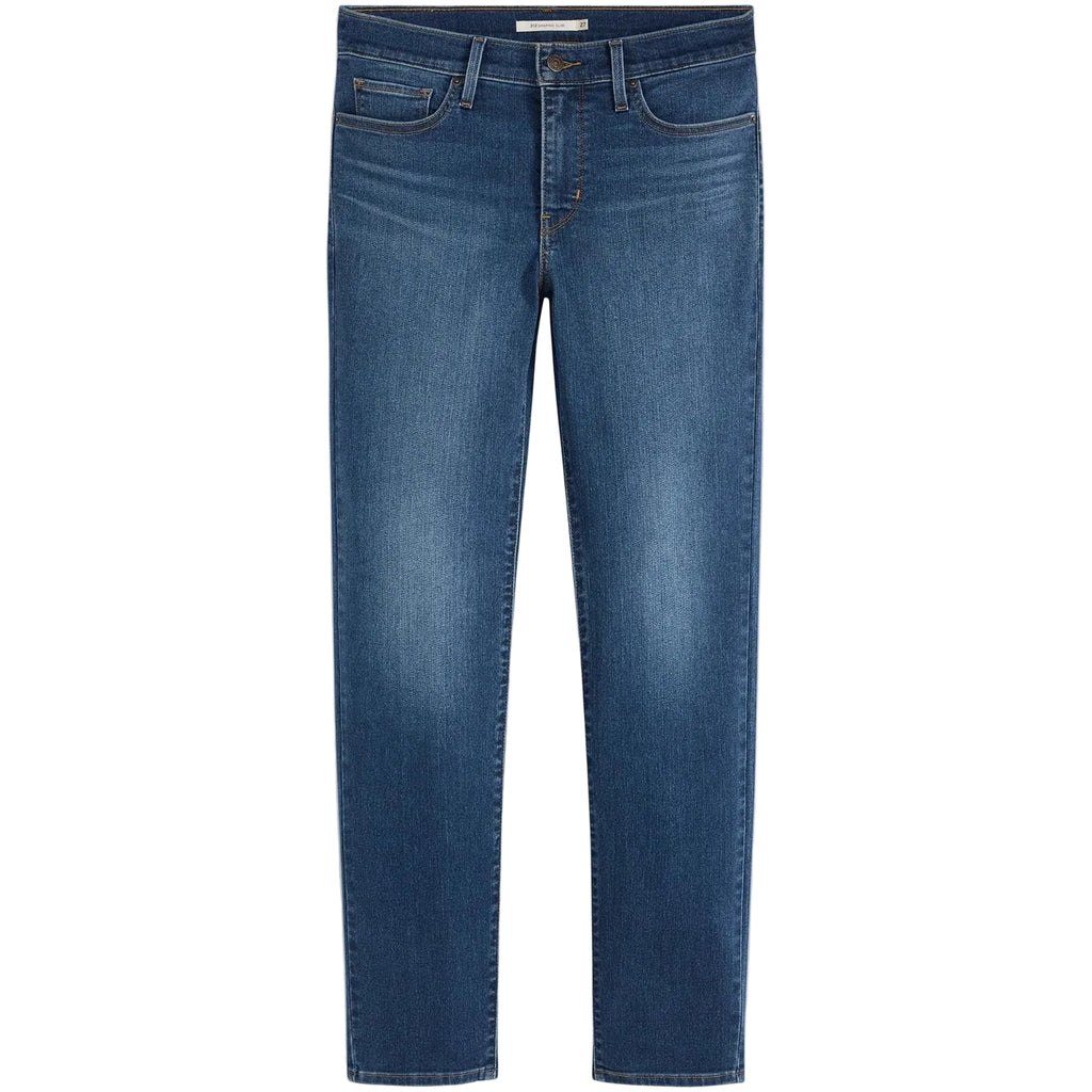 A pair of medium wash blue denim jeans shown flat against a white background.