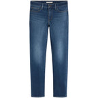 A pair of medium wash blue denim jeans shown flat against a white background.