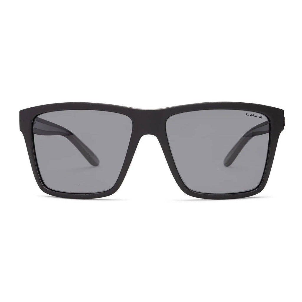 Front view of a pair of Liive Vision Bazza Sunglasses (L0670A) with matte black frames and smoke lenses, shown on a white background.