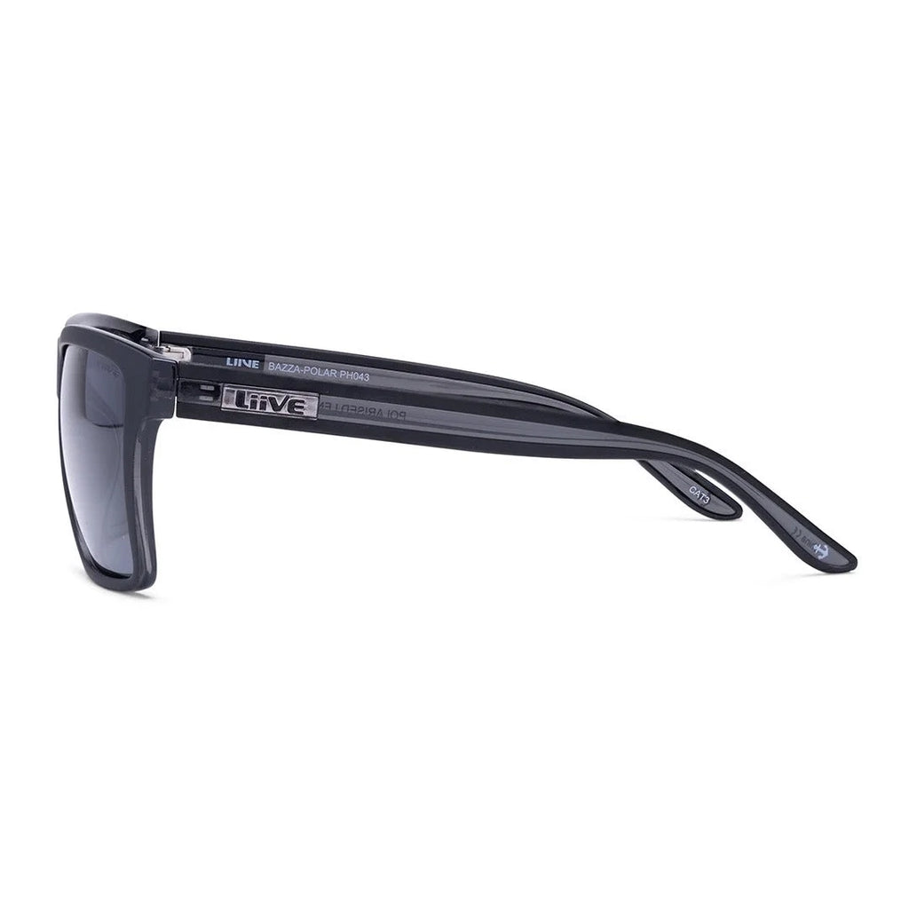 Side view of a pair of Liive Vision Bazza Sunglasses (L0670A) with matte black frames and smoke lenses, shown on a white background.
