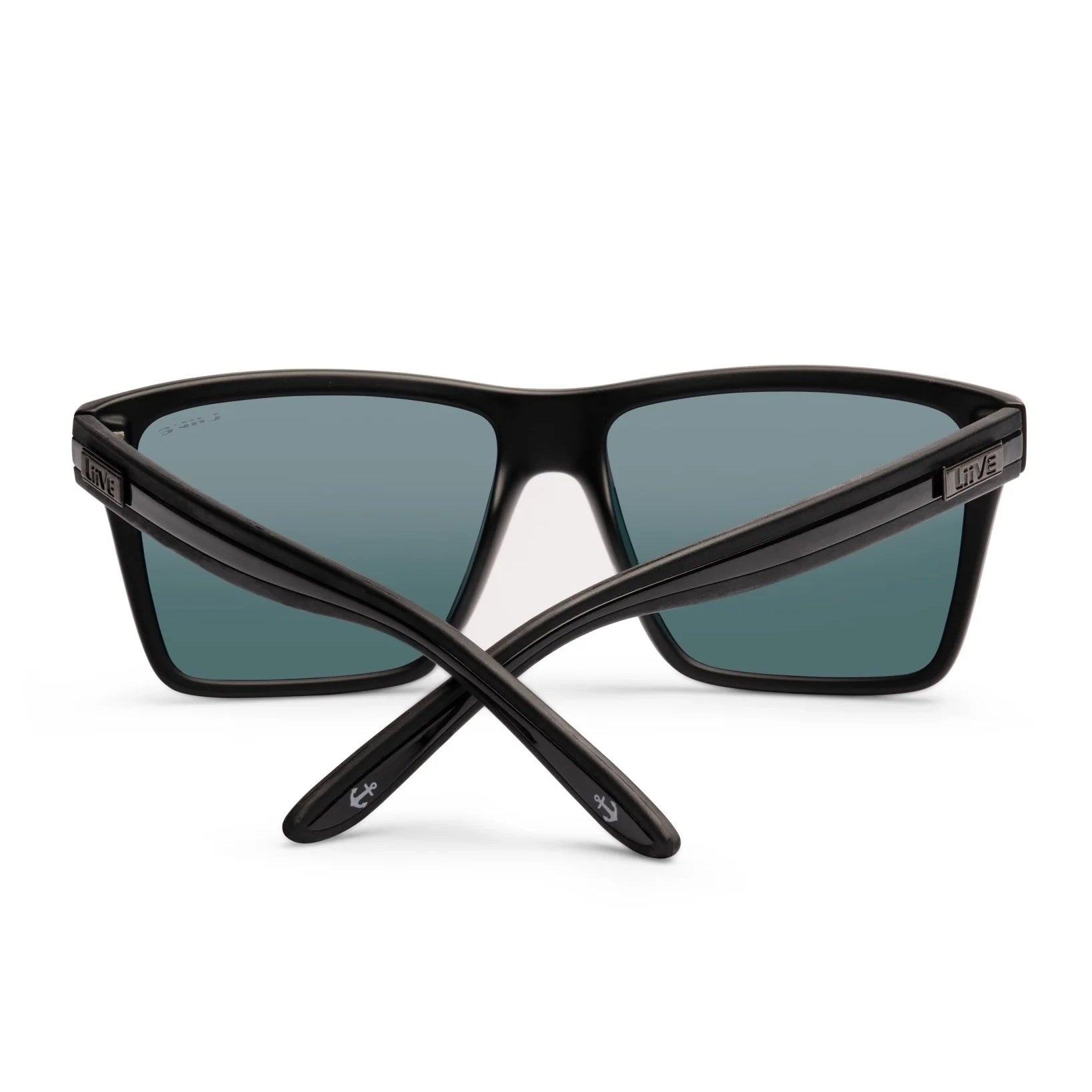 Back folded view of a pair of Liive Vision Bazza Sunglasses (L0670A) with matte black frames and smoke lenses, shown on a white background.