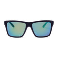 Front view of a pair of Liive Vision Bazza Sunglasses (L0671A) with a matte black frame and green mirrored lenses, shown against a plain white background.