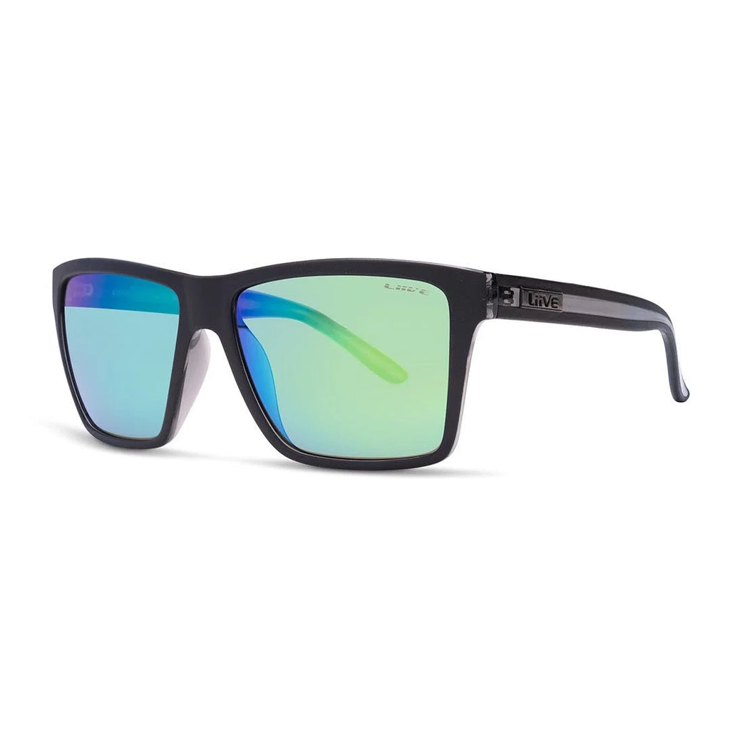 3-4 front view of a pair of Liive Vision Bazza Sunglasses (L0671A) with a matte black frame and green mirrored lenses, shown against a plain white background.