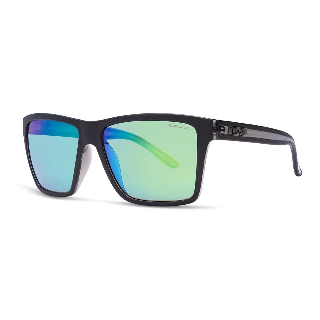 3-4 front view of a pair of Liive Vision Bazza Sunglasses (L0671A) with a matte black frame and green mirrored lenses, shown against a plain white background.