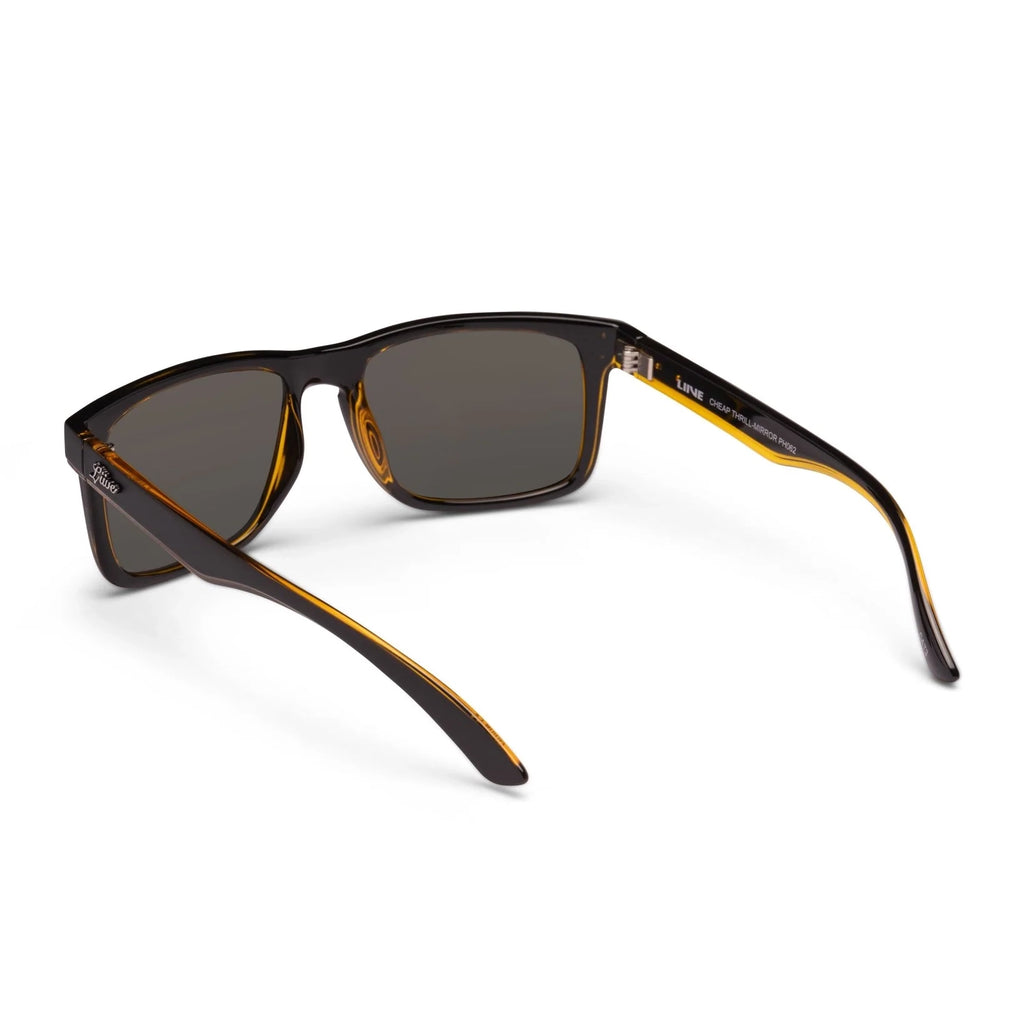 Back view of Liive Vision Cheap Thrill Sunglasses (L0356A) with mirror orange lenses and black frames with orange accents on a white background.