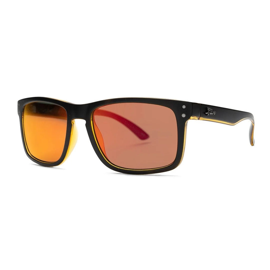 3-4 view of Liive Vision Cheap Thrill Sunglasses (L0356A) with mirror orange lenses and black frames with orange accents on a white background.