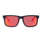 Front view of Liive Vision Cheap Thrill Sunglasses (L0356A) with mirror orange lenses and black frames on a white background.