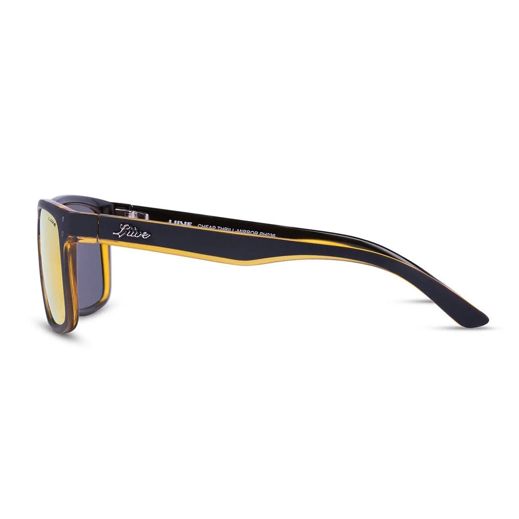 Side view of Liive Vision Cheap Thrill Sunglasses (L0356A) with mirror orange lenses and black frames with orange accents on a white background.