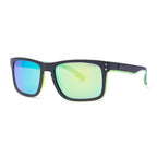 3-4 View of Liive Vision Cheap Thrill Sunglasses (L0356K) in matte black frames with vibrant lime green accents along the temples and lower rims, and mirrored green lenses on a white background.
