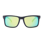 Front View of Liive Vision Cheap Thrill Sunglasses (L0356K) in matte black frames with vibrant lime green accents along the temples and lower rims, and mirrored green lenses on a white background.