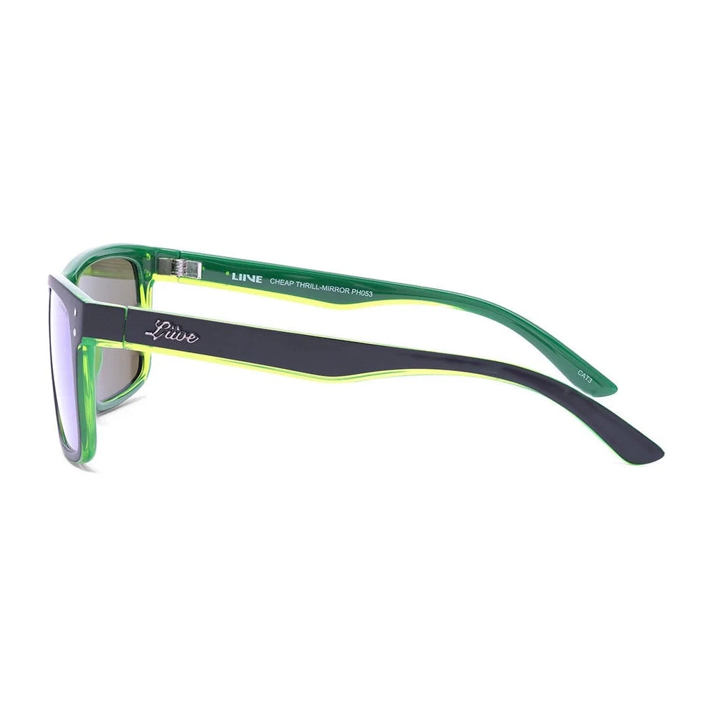 Side view of Liive Vision Cheap Thrill Sunglasses (L0356K) in matte black frames with vibrant lime green accents and mirrored green lenses on a white background.
