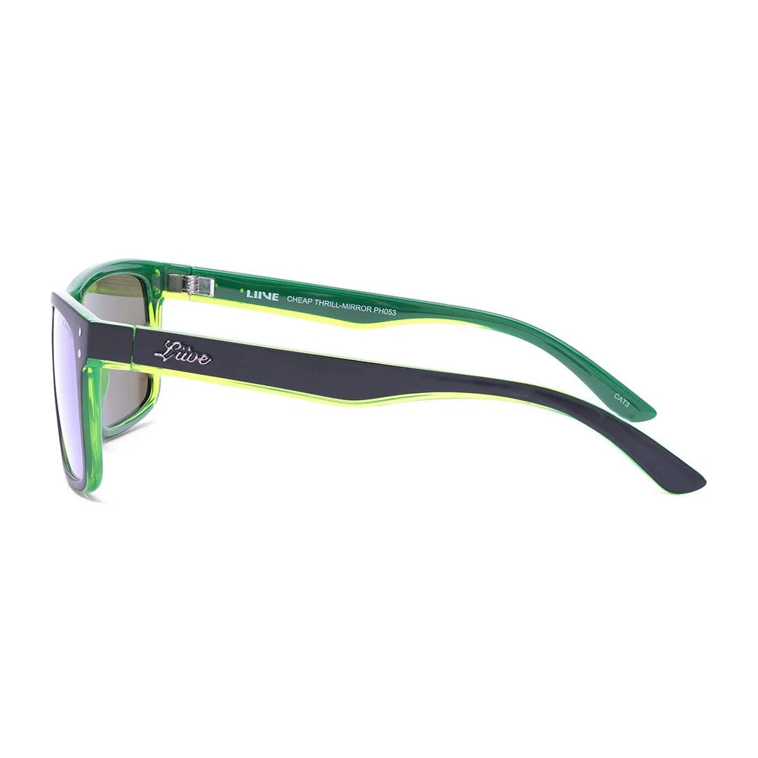 Side view of Liive Vision Cheap Thrill Sunglasses (L0356K) in matte black frames with vibrant lime green accents and mirrored green lenses on a white background.
