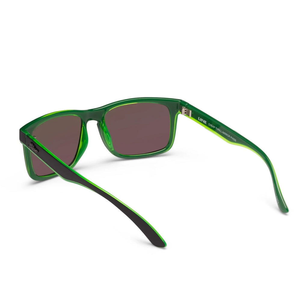 3-4 back view of Liive Vision Cheap Thrill Sunglasses (L0356K) in matte black frames with vibrant lime green accents, and mirrored green lenses on a white background.
