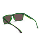 3-4 back view of Liive Vision Cheap Thrill Sunglasses (L0356K) in matte black frames with vibrant lime green accents, and mirrored green lenses on a white background.