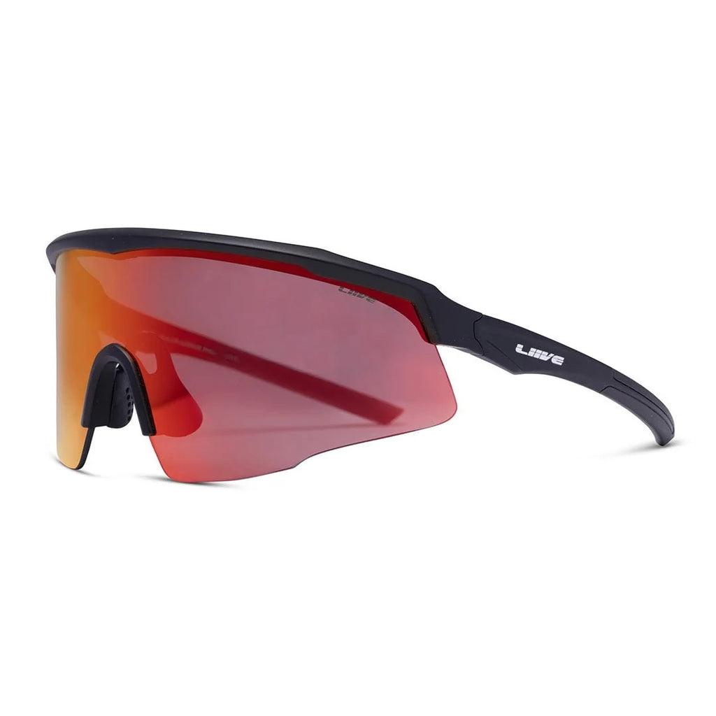 3-4 view of Liive Vision Dealer Sunglasses (L0729A) with red lenses and black frame on a white background.