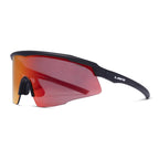 3-4 view of Liive Vision Dealer Sunglasses (L0729A) with red lenses and black frame on a white background.