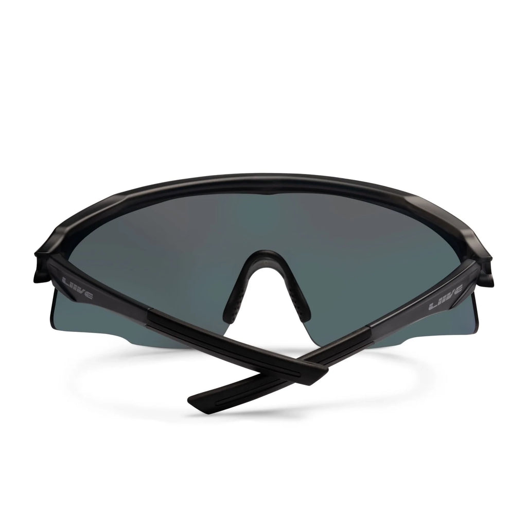 Back folded view of Liive Vision Dealer Sunglasses (L0729A) with red lenses and black frame on a white background.