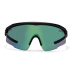 Front view of a pair of Liive Vision Dose Sunglasses (L0805A) with a matte black frame and a large shield-style lens featuring a green mirrored finish, shown on a clean white background.
