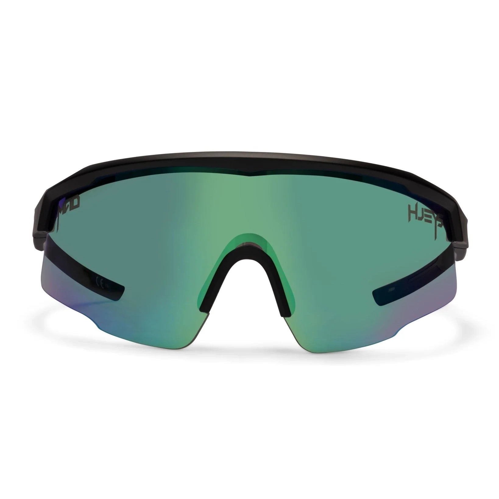 Front view of a pair of Liive Vision Dose Sunglasses (L0805A) with a matte black frame and a large shield-style lens featuring a green mirrored finish, shown on a clean white background.