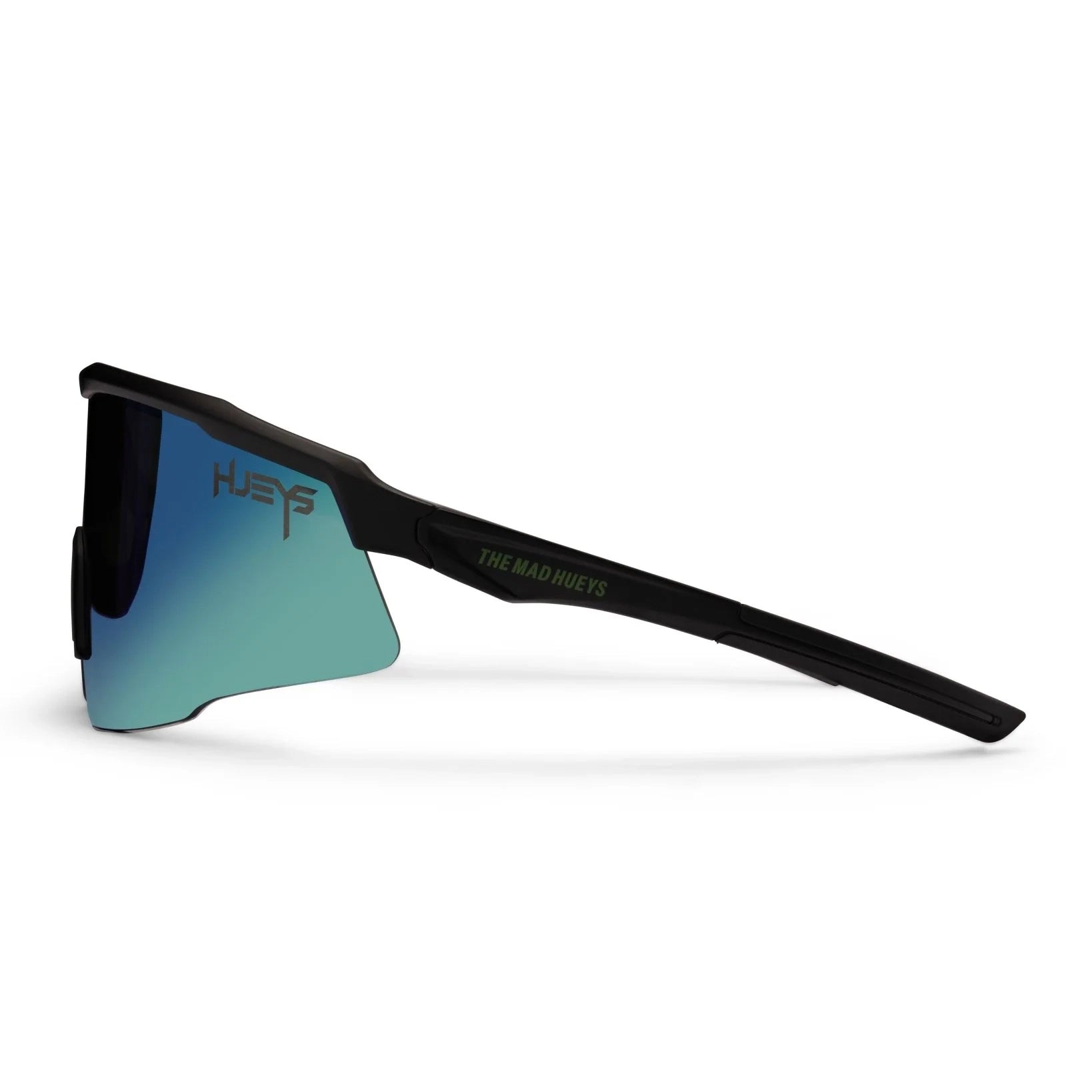 A side view of a pair of Liive Vision Dose Sunglasses (L0805A) with a matte black frame and a large shield-style lens featuring a green mirrored finish, shown on a clean white background.