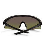 A back folded view of a pair of Liive Vision Dose Sunglasses (L0805A) with a matte black frame and a large shield-style lens featuring a green mirrored finish, shown on a clean white background.