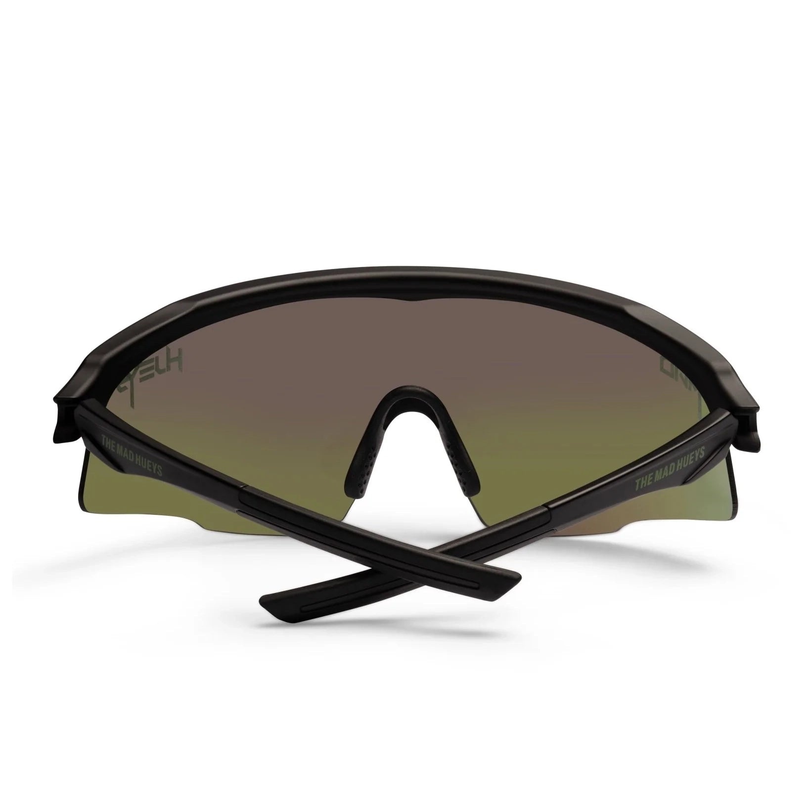 A back folded view of a pair of Liive Vision Dose Sunglasses (L0805A) with a matte black frame and a large shield-style lens featuring a green mirrored finish, shown on a clean white background.