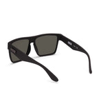 3-4 back view of a pair of matte black Liive Vision Greed Polarised Sunglasses (L0732A) with smoke lenses, featuring the brand name 'LIIVE' printed on the temple and inner lens, on a white background.