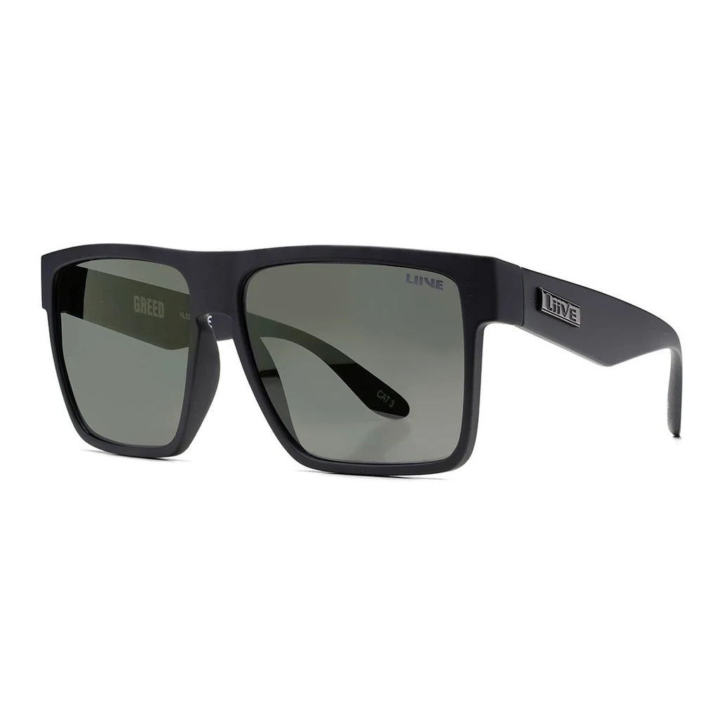 3-4 front view of a pair of matte black Liive Vision Greed Polarised Sunglasses (L0732A) with smoke lenses, featuring the brand name 'LIIVE' printed on the temple and inner lens, on a white background.