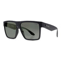 3-4 front view of a pair of matte black Liive Vision Greed Polarised Sunglasses (L0732A) with smoke lenses, featuring the brand name 'LIIVE' printed on the temple and inner lens, on a white background.