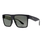 3-4 front view of a pair of matte black Liive Vision Greed Polarised Sunglasses (L0732A) with smoke lenses, featuring the brand name 'LIIVE' printed on the temple and inner lens, on a white background.