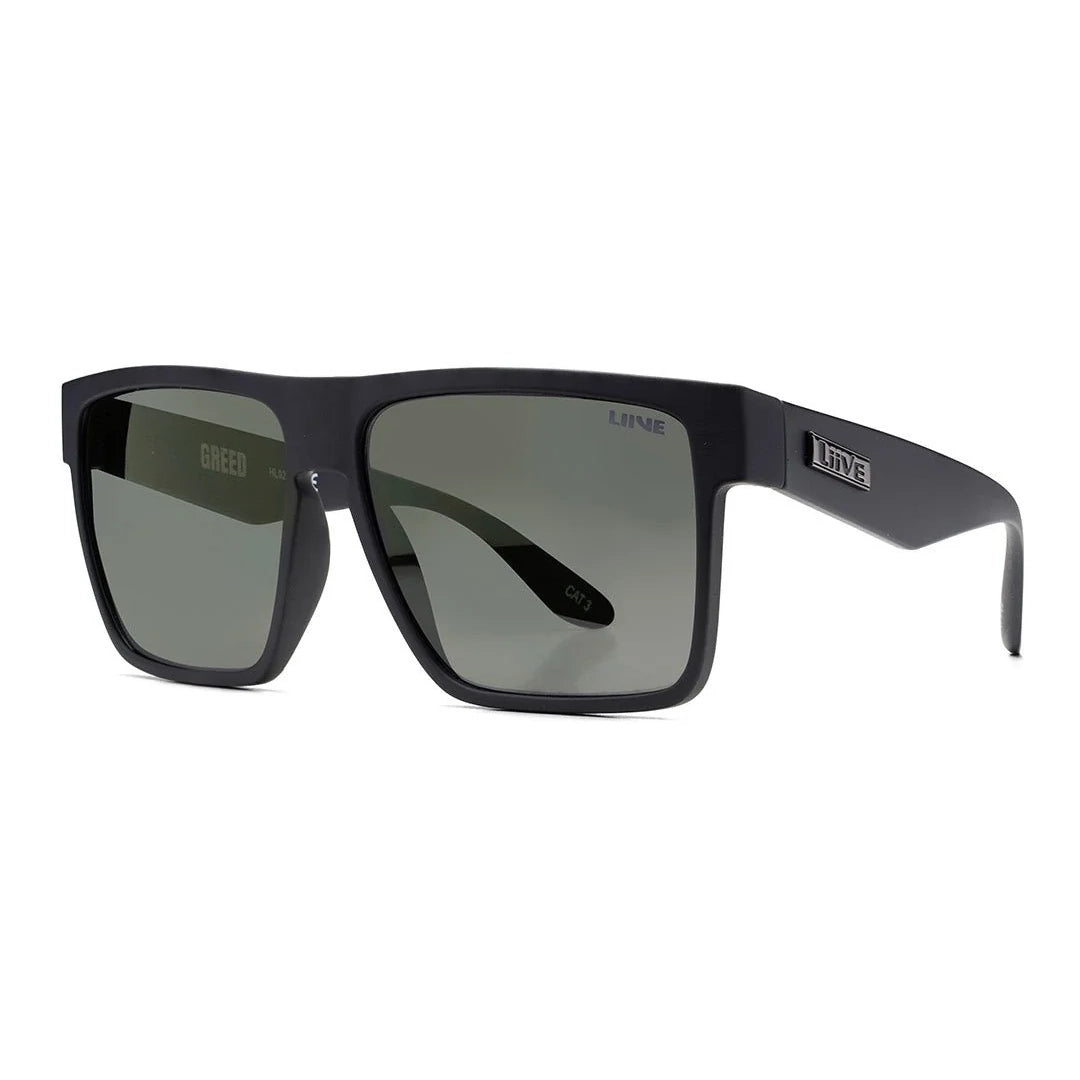 3-4 front view of a pair of matte black Liive Vision Greed Polarised Sunglasses (L0732A) with smoke lenses, featuring the brand name 'LIIVE' printed on the temple and inner lens, on a white background.
