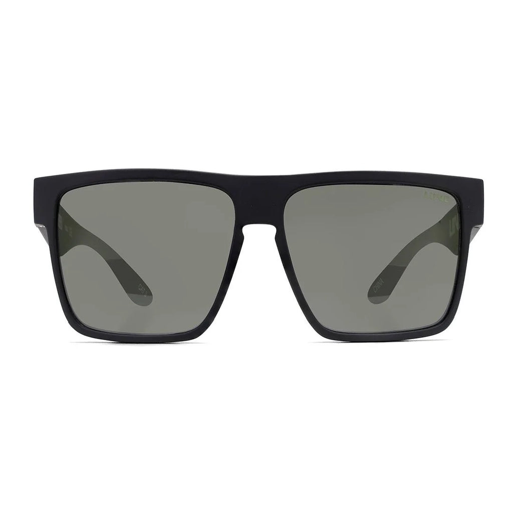 Front view of a pair of matte black Liive Vision Greed Polarised Sunglasses (L0732A) with smoke lenses, featuring the brand name 'LIIVE' printed on the temple and inner lens, on a white background.