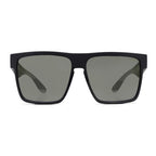 Front view of a pair of matte black Liive Vision Greed Polarised Sunglasses (L0732A) with smoke lenses, featuring the brand name 'LIIVE' printed on the temple and inner lens, on a white background.