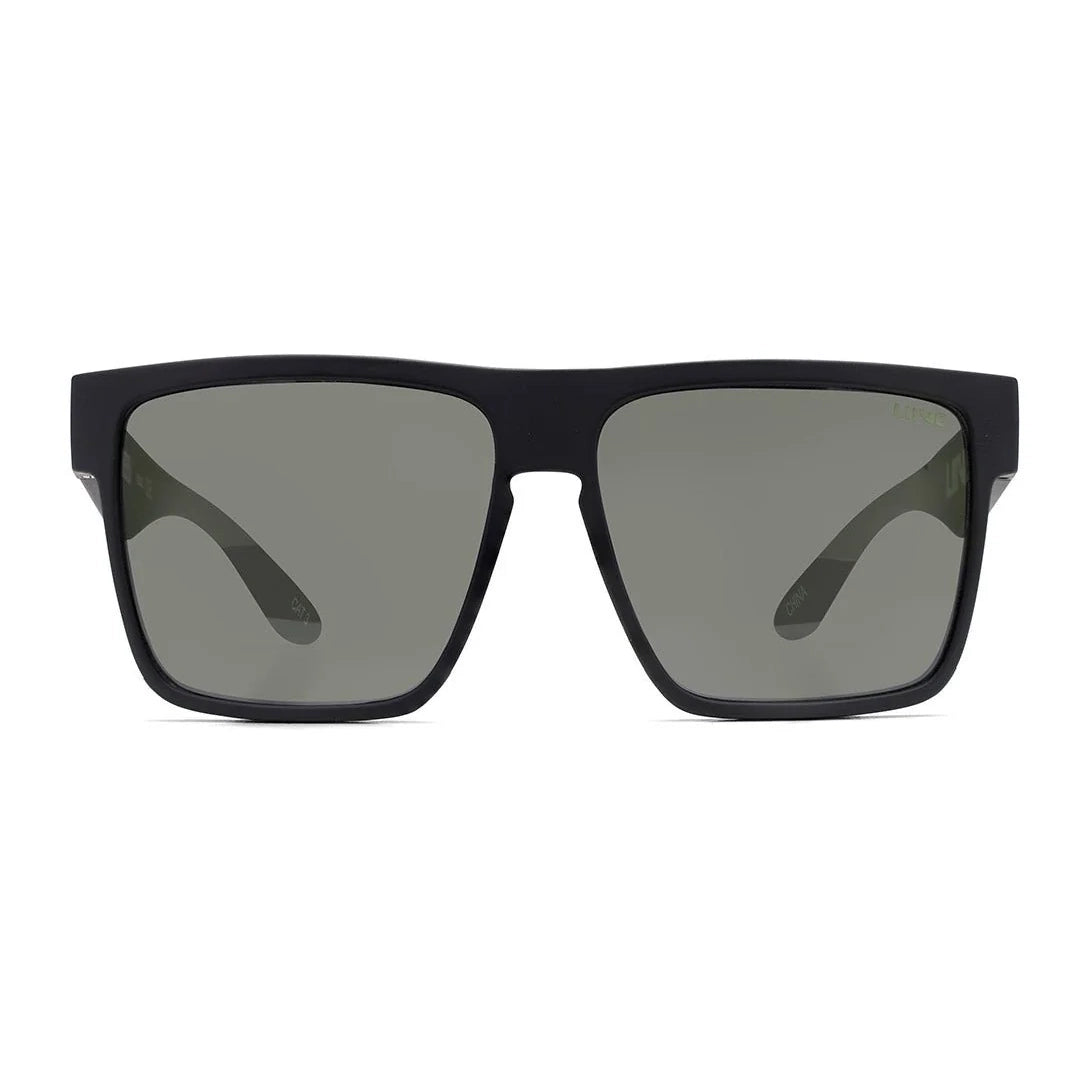 Front view of a pair of matte black Liive Vision Greed Polarised Sunglasses (L0732A) with smoke lenses, featuring the brand name 'LIIVE' printed on the temple and inner lens, on a white background.