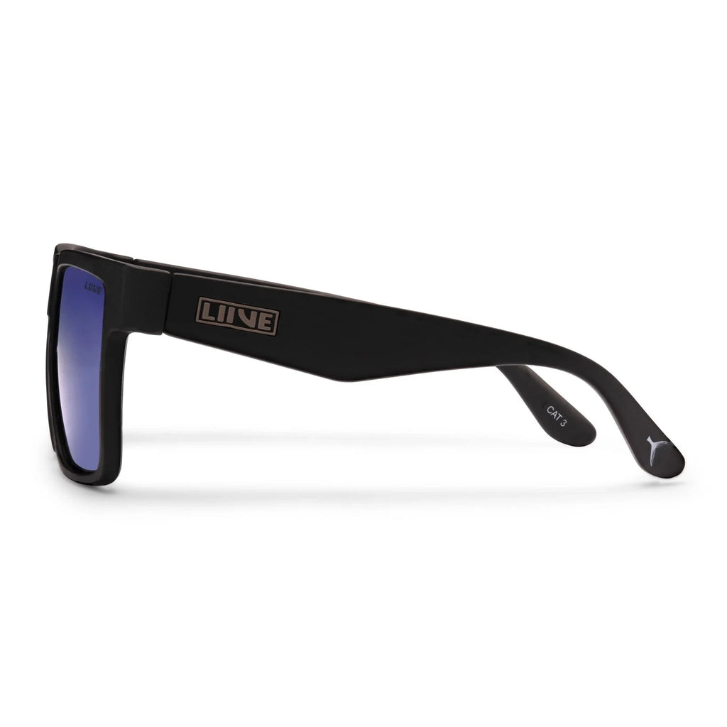 Side view of a pair of Liive Vision Greed Sunglasses (L0746A) with black frames and vibrant blue mirrored lenses, shown against a plain white background.