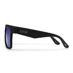 Side view of a pair of Liive Vision Greed Sunglasses (L0746A) with black frames and vibrant blue mirrored lenses, shown against a plain white background.