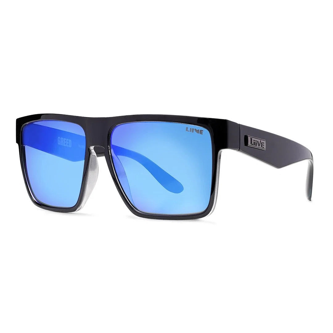 3-4 view of a pair of Liive Vision Greed Sunglasses (L0746A) with black frames and vibrant blue mirrored lenses, shown against a plain white background.