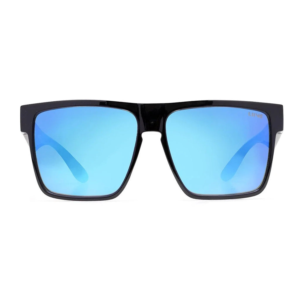 Front view of a pair of Liive Vision Greed Sunglasses (L0746A) with black frames and vibrant blue mirrored lenses, shown against a plain white background.