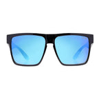 Front view of a pair of Liive Vision Greed Sunglasses (L0746A) with black frames and vibrant blue mirrored lenses, shown against a plain white background.