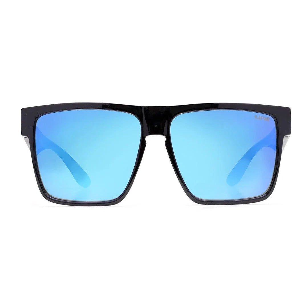 Front view of a pair of Liive Vision Greed Sunglasses (L0746A) with black frames and vibrant blue mirrored lenses, shown against a plain white background.