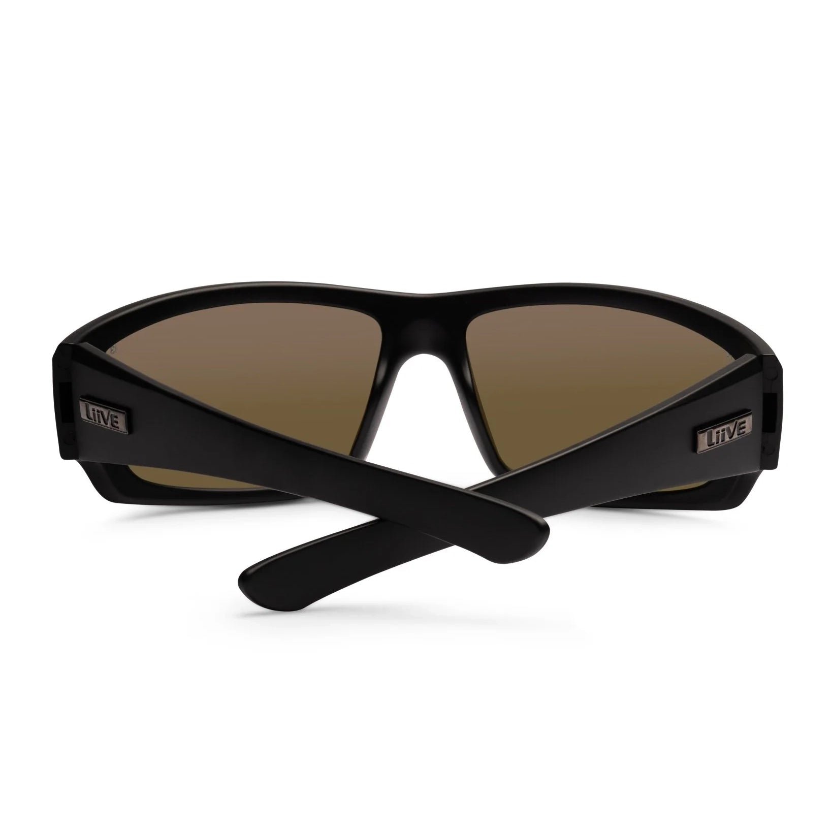 Back folded view of Liive Vision Kuta Sunglasses (L0567A) with smoke lenses and a gloss black frame on a white background.