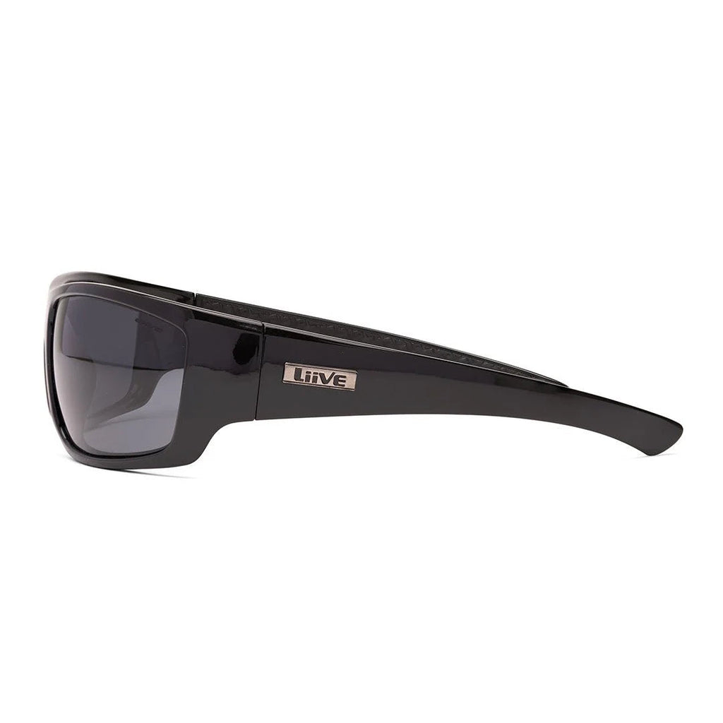 Side view of Liive Vision Kuta Sunglasses (L0567A) with smoke lenses and a gloss black frame on a white background.
