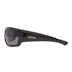 Side view of Liive Vision Kuta Sunglasses (L0567A) with smoke lenses and a gloss black frame on a white background.