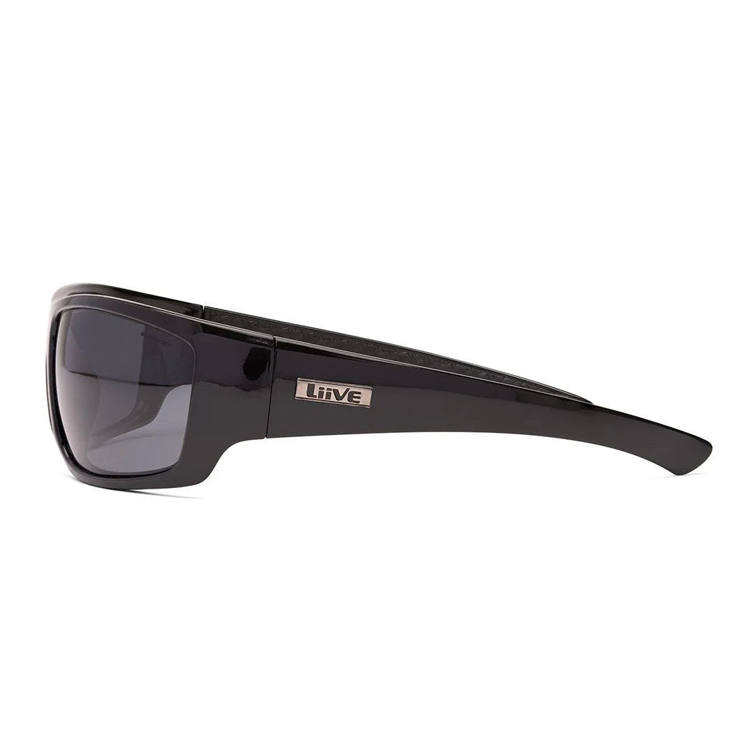 Side view of Liive Vision Kuta Sunglasses (L0567A) with smoke lenses and a gloss black frame on a white background.