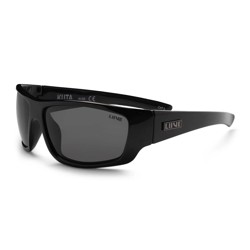 3-4 view of Liive Vision Kuta Sunglasses (L0567A) with smoke lenses and a gloss black frame on a white background.