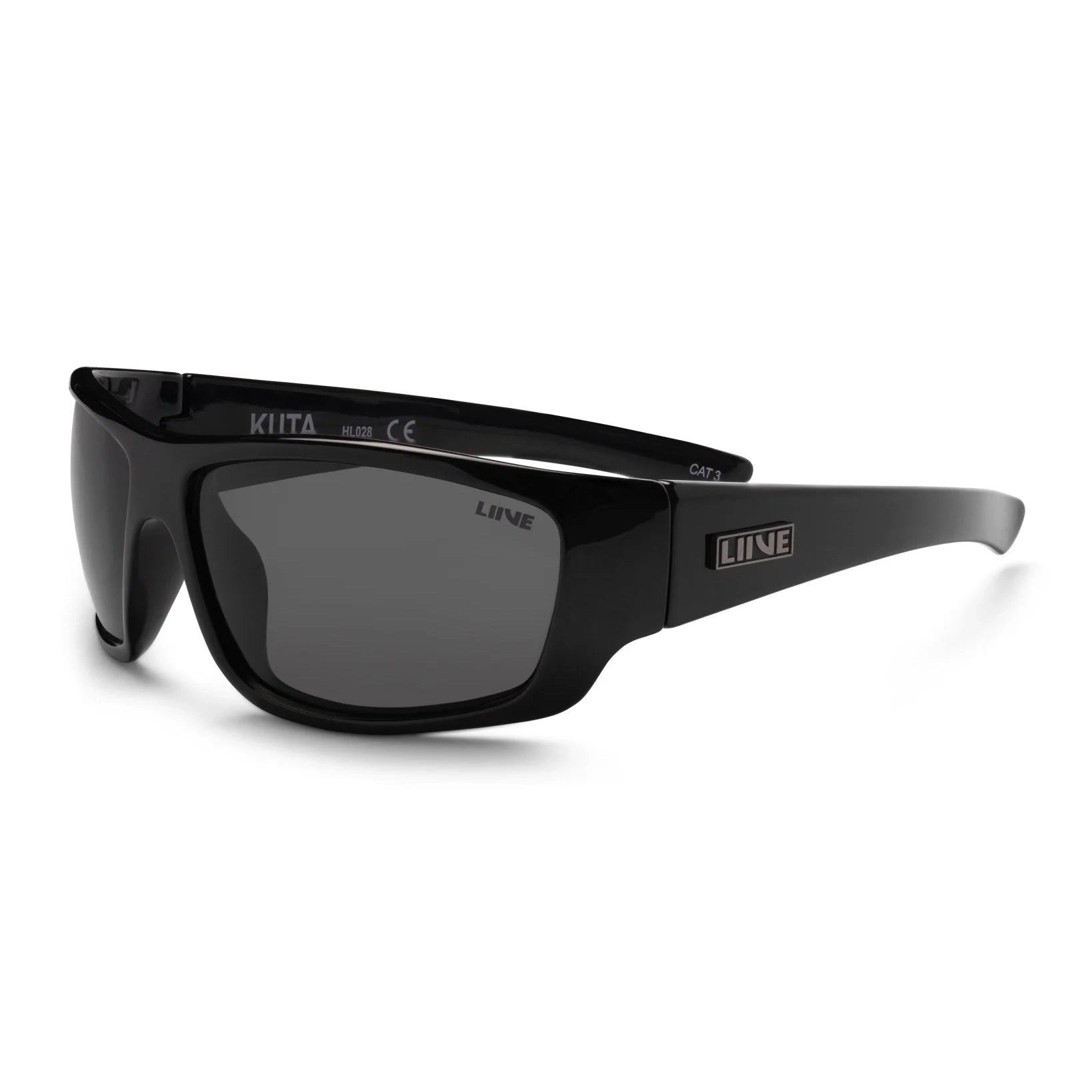 3-4 view of Liive Vision Kuta Sunglasses (L0567A) with smoke lenses and a gloss black frame on a white background.