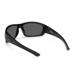 Back 3-4 view of Liive Vision Kuta Sunglasses (L0567A) with smoke lenses and a gloss black frame on a white background.