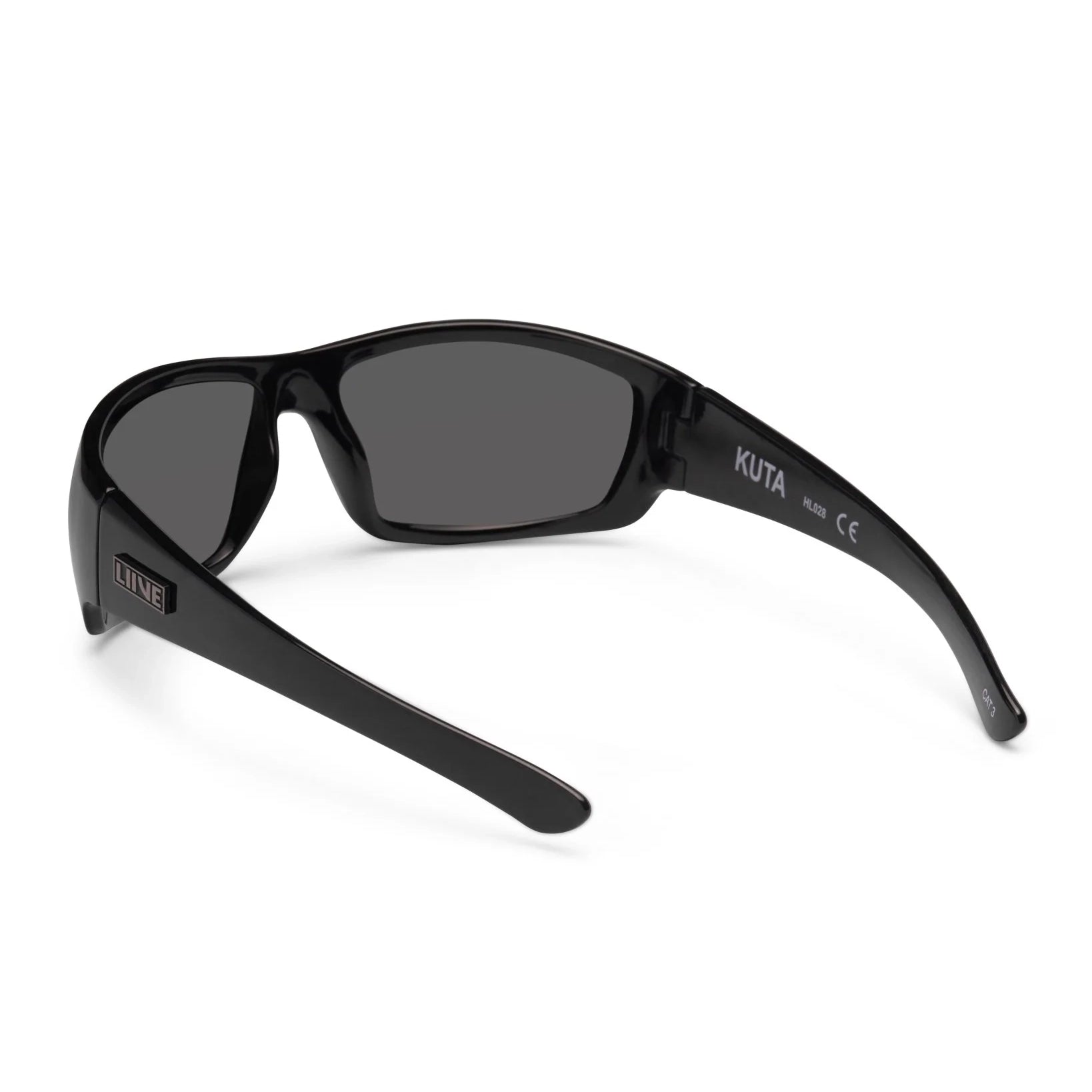 Back 3-4 view of Liive Vision Kuta Sunglasses (L0567A) with smoke lenses and a gloss black frame on a white background.