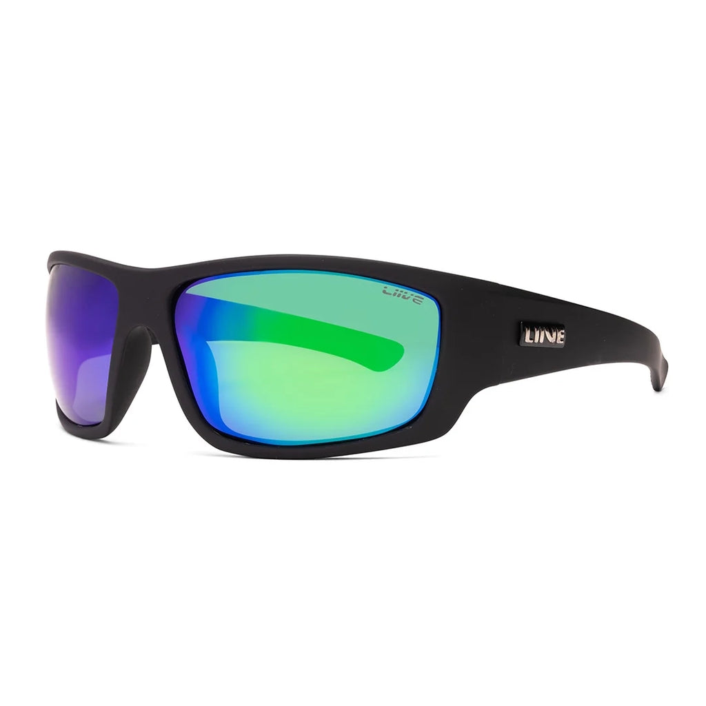 3-4 front view of Liive Vision Kuta wrap around Sunglasses (L0633A) with mirrored green lenses, featuring a visible 'LIIVE' brand logo, on a white background.