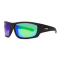 3-4 front view of Liive Vision Kuta wrap around Sunglasses (L0633A) with mirrored green lenses, featuring a visible 'LIIVE' brand logo, on a white background.